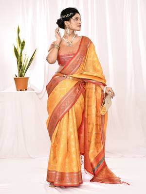 Elora soft silk banarasi woven chex weaving saree (yellow) 4