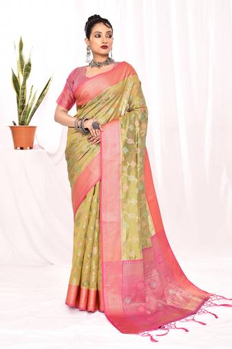 Elora soft silk banarasi woven floral weaving saree (green)