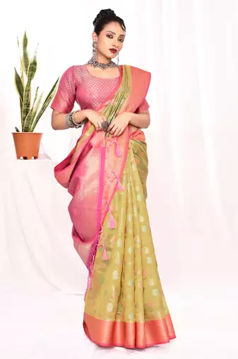 Elora soft silk banarasi woven floral weaving saree (green)