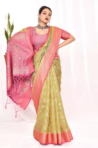 Elora soft silk banarasi woven floral weaving saree (green)