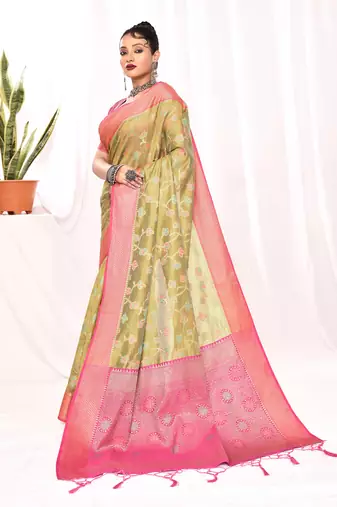 Elora soft silk banarasi woven floral weaving saree (green)