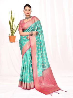 Elora soft silk banarasi woven floral weaving saree (sea green) 1