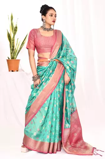 Elora soft silk banarasi woven floral weaving saree (sea green)