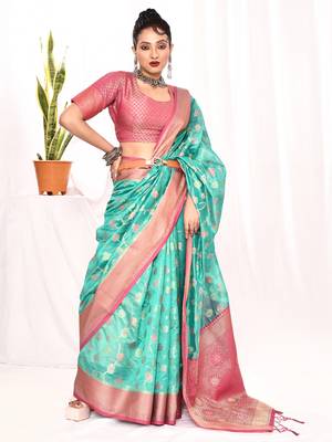 Elora soft silk banarasi woven floral weaving saree (sea green) 4