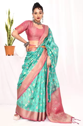 Elora soft silk banarasi woven floral weaving saree (sea green)