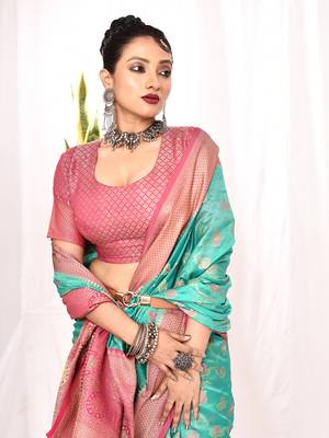 Elora soft silk banarasi woven floral weaving saree (sea green) 5