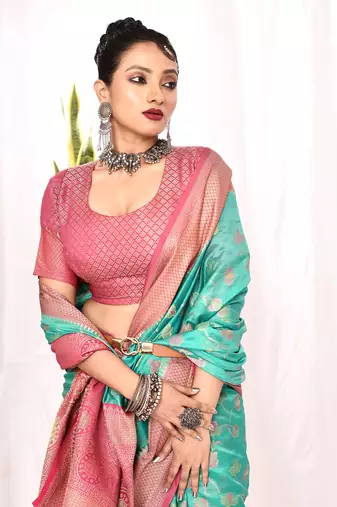 Elora soft silk banarasi woven floral weaving saree (sea green)