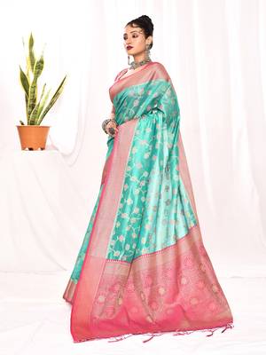 Elora soft silk banarasi woven floral weaving saree (sea green) 6