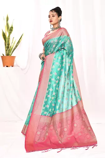 Elora soft silk banarasi woven floral weaving saree (sea green)