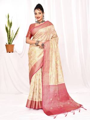 Elora soft silk banarasi woven floral weaving saree (cream) 1