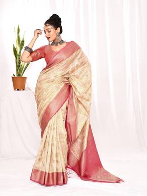 Elora soft silk banarasi woven floral weaving saree (cream) 3