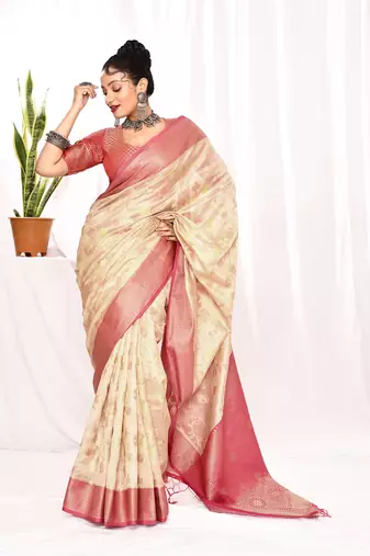Elora soft silk banarasi woven floral weaving saree (cream)