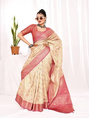 Elora soft silk banarasi woven floral weaving saree (cream) 4