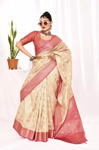 Elora soft silk banarasi woven floral weaving saree (cream)