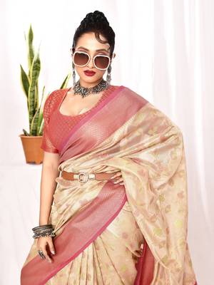 Elora soft silk banarasi woven floral weaving saree (cream) 5