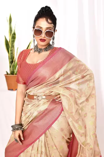 Elora soft silk banarasi woven floral weaving saree (cream)