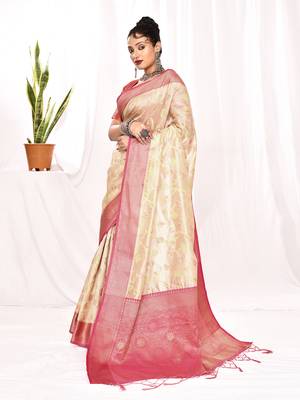 Elora soft silk banarasi woven floral weaving saree (cream) 6