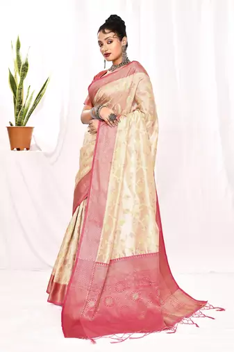 Elora soft silk banarasi woven floral weaving saree (cream)