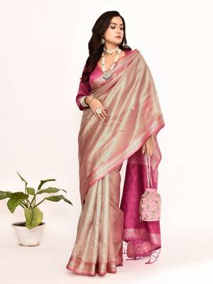 Elora plain banarasi tissue silk weaving saree (pink) 4