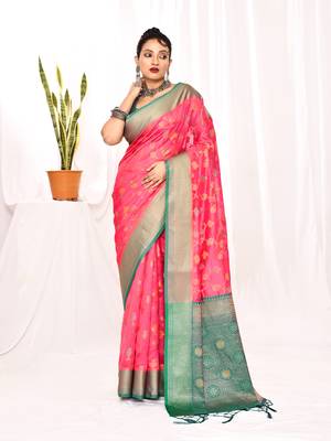 Elora soft silk banarasi woven floral weaving saree (pink) 1