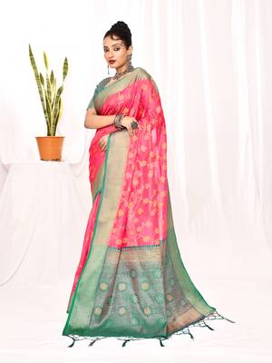 Elora soft silk banarasi woven floral weaving saree (pink) 3