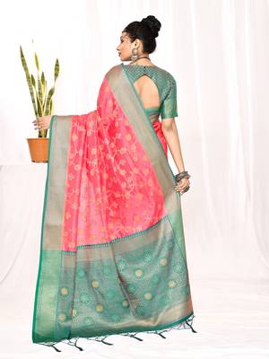 Elora soft silk banarasi woven floral weaving saree (pink) 4