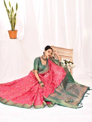 Elora soft silk banarasi woven floral weaving saree (pink) 5