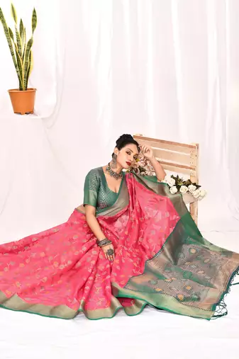 Elora soft silk banarasi woven floral weaving saree (pink)