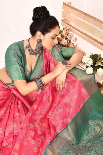 Elora soft silk banarasi woven floral weaving saree (pink)
