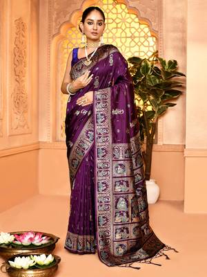 Elora pure soft silk baluchari weaving saree (plum) 1