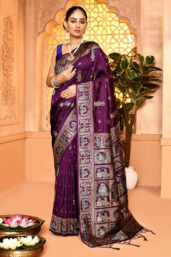 Elora pure soft silk baluchari weaving saree (plum)