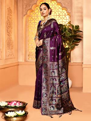 Elora pure soft silk baluchari weaving saree (plum) 3