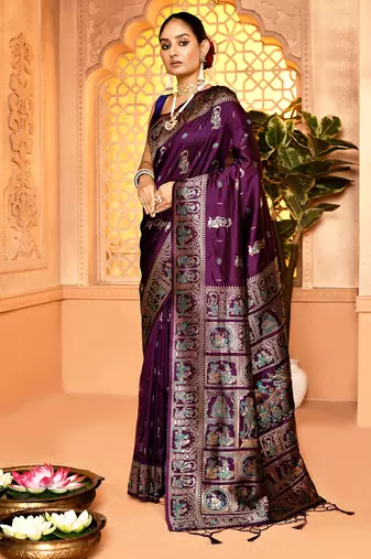 Elora pure soft silk baluchari weaving saree (plum)