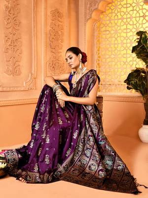 Elora pure soft silk baluchari weaving saree (plum) 4