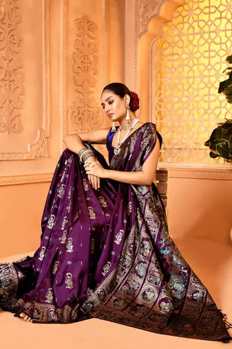 Elora pure soft silk baluchari weaving saree (plum)