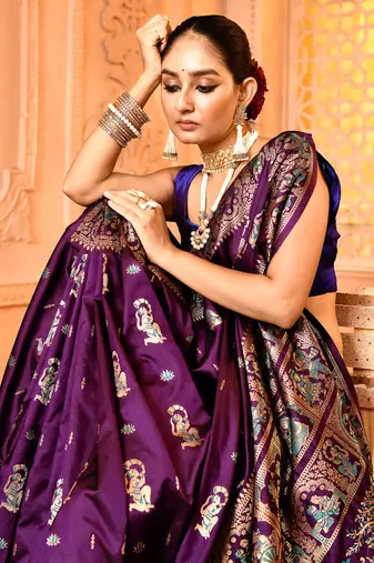 Elora pure soft silk baluchari weaving saree (plum)