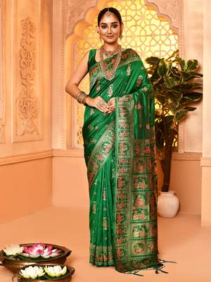 Elora pure soft silk baluchari weaving saree (green) 1