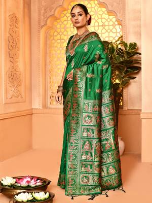 Elora pure soft silk baluchari weaving saree (green) 3