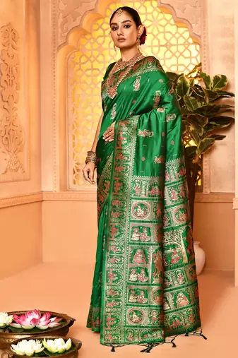 Elora pure soft silk baluchari weaving saree (green)