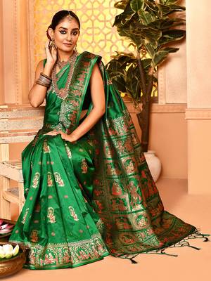 Elora pure soft silk baluchari weaving saree (green) 4