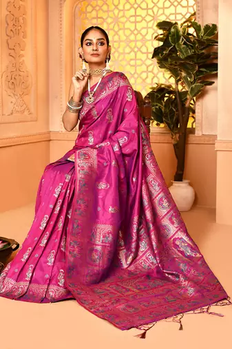 Elora pure soft silk baluchari weaving saree (magenta)