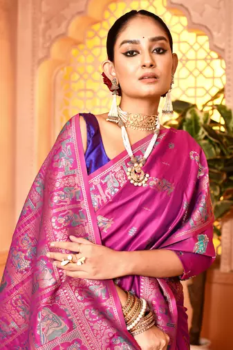 Elora pure soft silk baluchari weaving saree (magenta)