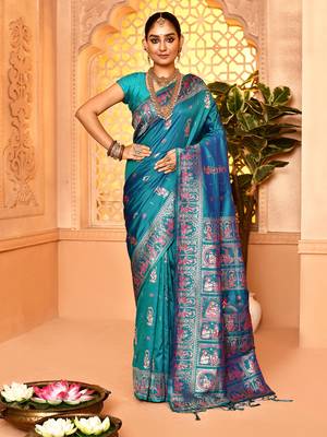 Elora pure soft silk baluchari weaving saree (firozi) 1