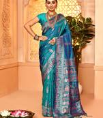 Elora pure soft silk baluchari weaving saree (firozi)