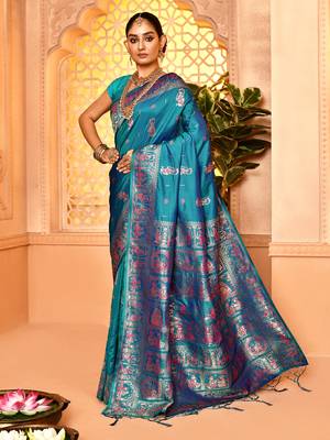 Elora pure soft silk baluchari weaving saree (firozi) 3