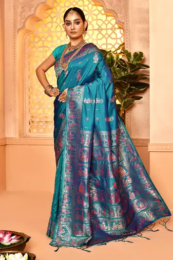 Elora pure soft silk baluchari weaving saree (firozi)