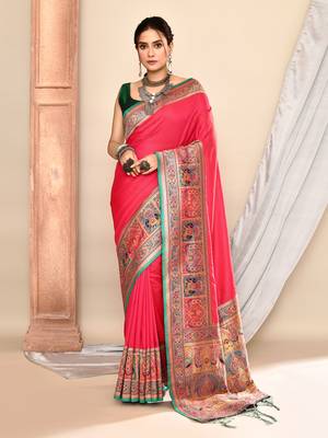 Elora pure soft silk banarasi plain weaving saree (pink) 1