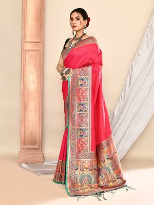 Elora pure soft silk banarasi plain weaving saree (pink) 3