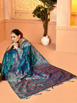 Elora pure soft silk baluchari weaving saree (firozi) 4
