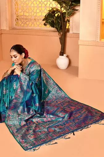 Elora pure soft silk baluchari weaving saree (firozi)